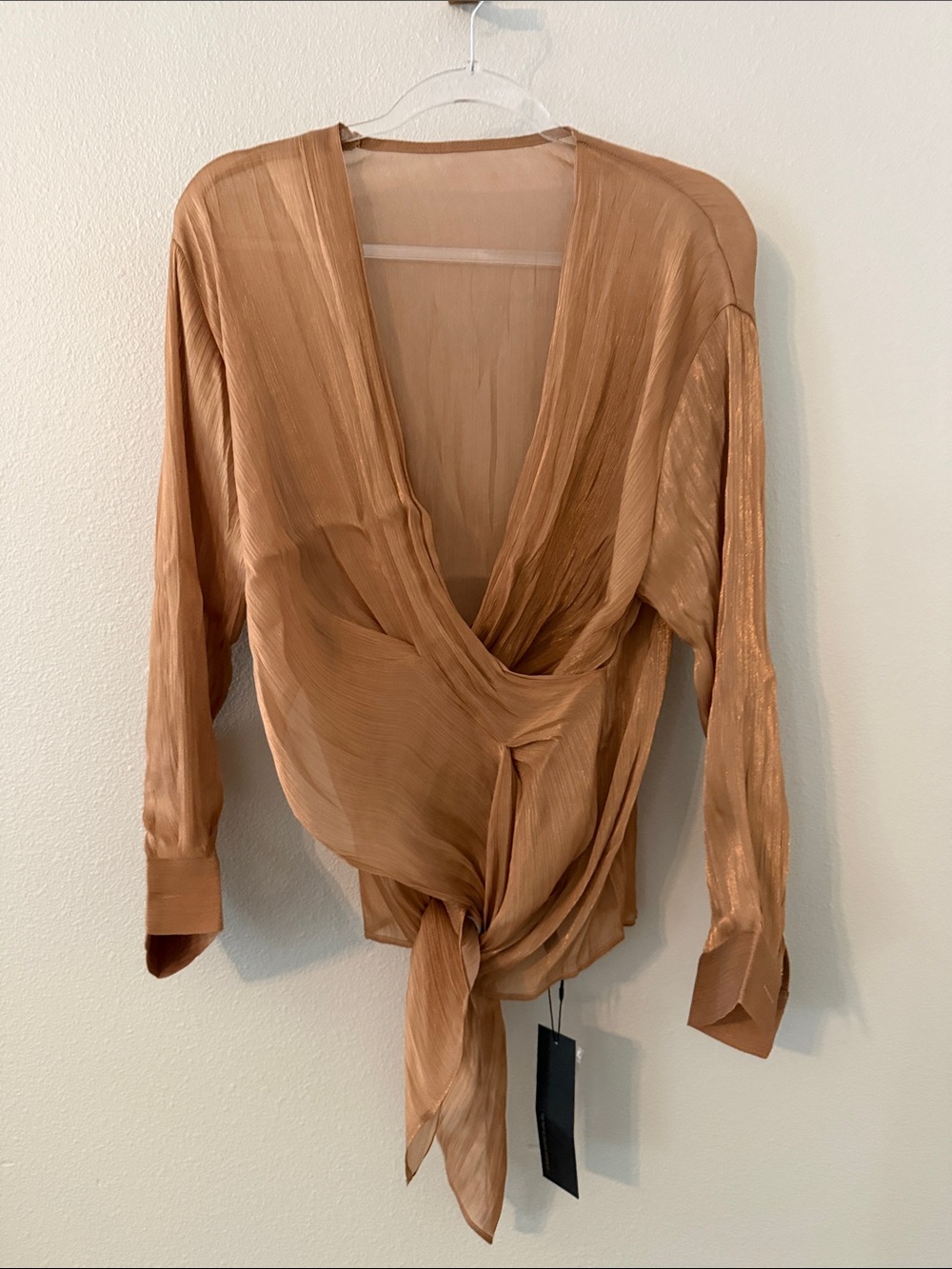 Tie-Front Draped Blouse in Camel Brown shimmery